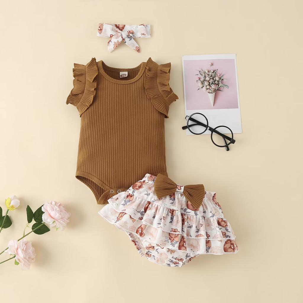 Baby Girls Sleeveless Ruffle Romper Floral Printed Skirt Set with Headband Cotton Soft Fabric Infant Toddler Outfit