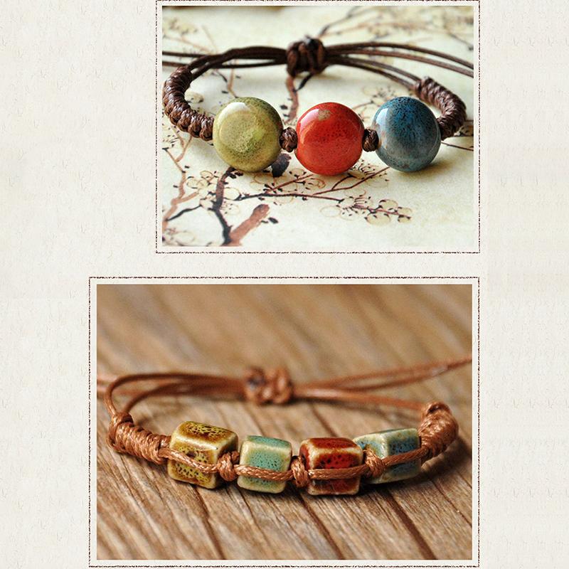 Ethnic Style Ceramic Beaded Dainty Bracelets Bangle Handmade Wax Rope Bracelets