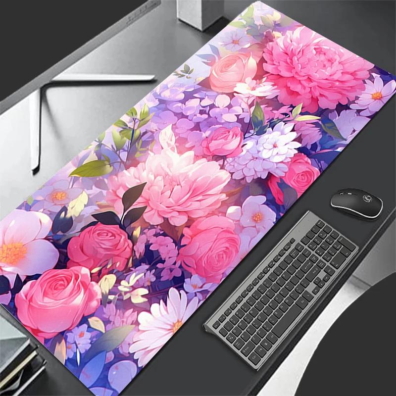 Flower Print Leather Gaming Mouse Pad Large Gamer Keyboard Vintage Flower Pattern Desk Mouse Mat Gaming Dorm Notebook Mousepad