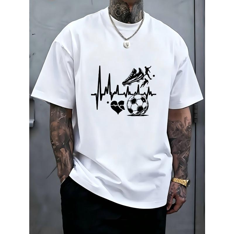 

Men s Football Heartbeat Design T-Shirt - Loose Fit Round Neck Casual Streetwear Suitable for Soccer Games, Training & Casual Attire, Machine Washable 4XL білий