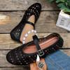 Foreign Trade Large Size Shallow Mouth One-word Buckle Belt Hollow Round Head Flat Shoes Ballet Shoes Korean Version Small Leather Shoes Spot