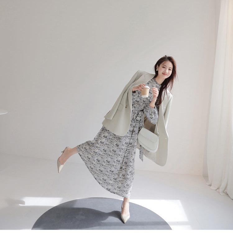 Fashionable Ink Painting Bubble Sleeve Maxi Dress for Women Spring