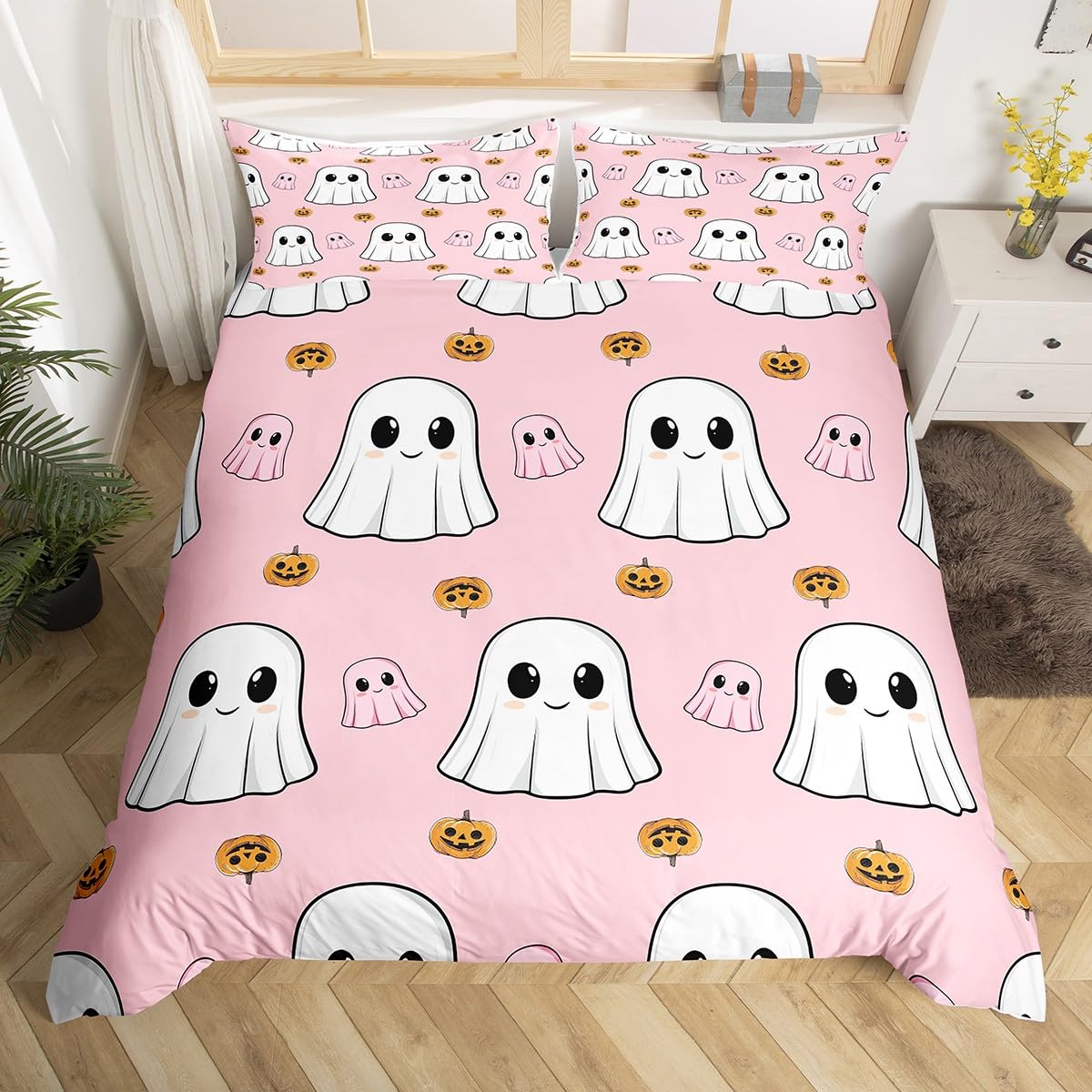 

Cute Halloween Ghost Duvet Cover Full Queen Size Whimsigoth Bathroom Decor Comforter Cover Funny Ghosts Of Halloween Bedding Set EU Single(135x200cm)