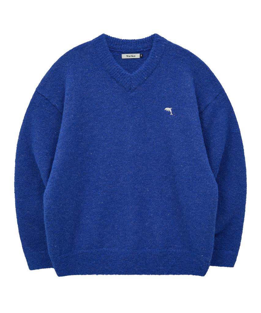 WAIKEI Dolphin Hairy V-Neck Knit Blue
