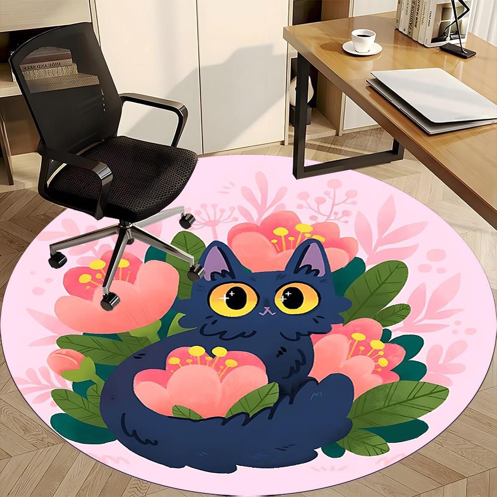 1pc Floral Cat Office Round Area Rug,  Mat Suitable For Office, Under Office Chairs Bedroom Living Room Home Decor, Room Deco