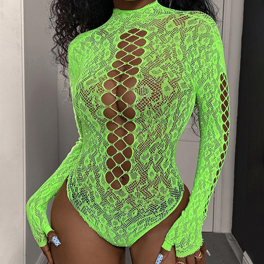 New Arrivals Women'S Sex Rhinestone Studded Colored Fishnet Teddy Bodysuit Sparkling Rhinestone Cut-Out Designs Form-Fitting