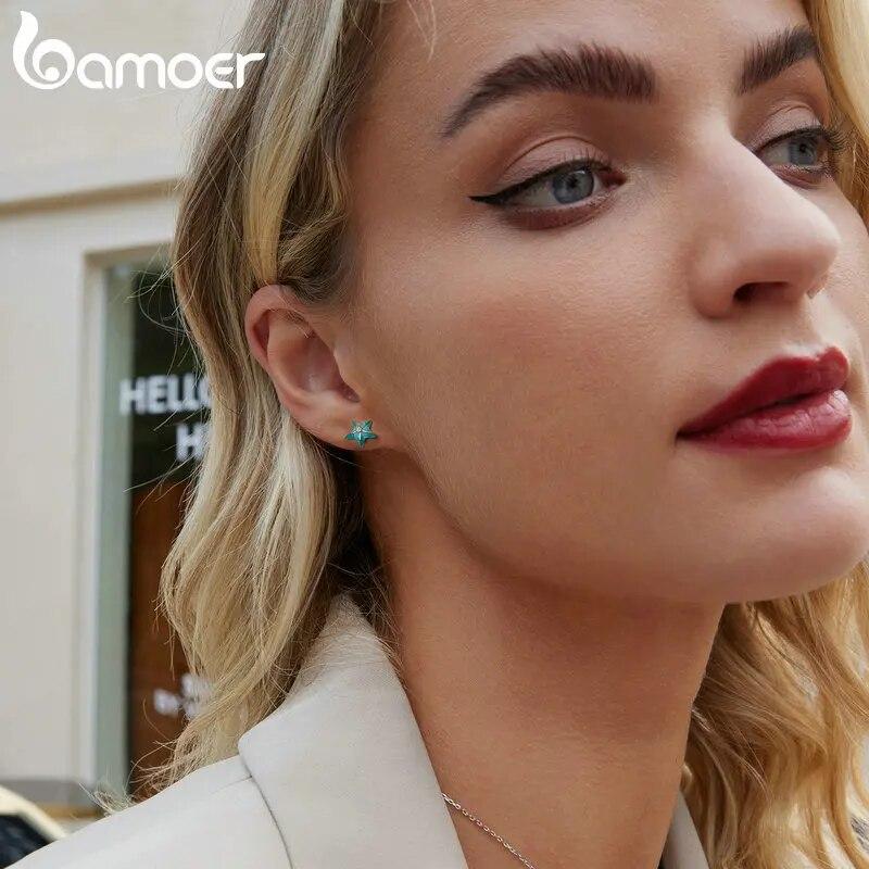 BAMOER Cercei Stud Stea de Mare Albastră din Argint Sterling 925 Platinat Cercei Simpli pentru Femei pentru Fete Bijuterii Fine Cadou