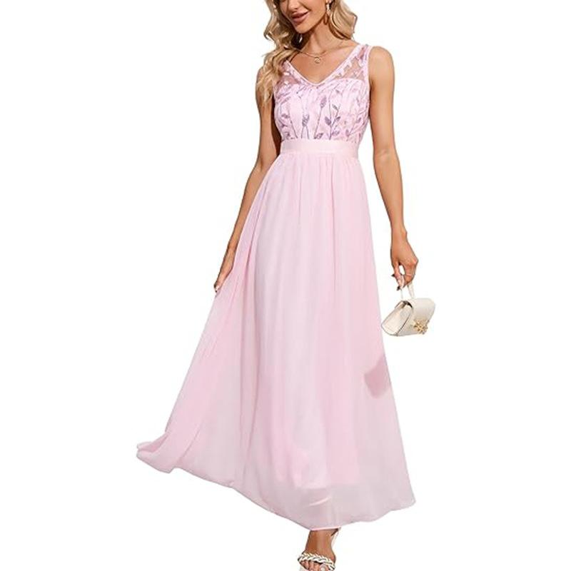European and American plus size evening dress, deep V sequined A-shaped long mesh yarn annual bridesmaid dance evening dress