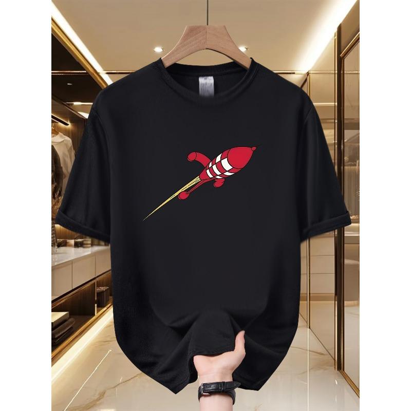 European sizes Men s Retro Rocket & Space-Themed T-Shirt - Soft Breathable Crew Neck Short Sleeve Tee with Vintage Rocket Print S чёрный