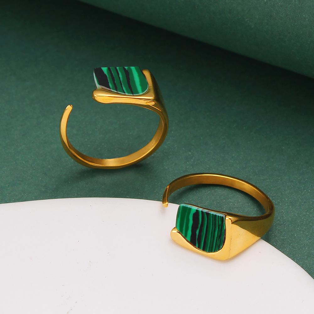 Vintage Malachite Adjustable Ring for Women – 18K Gold Plated Open Band Stainless Steel Fashion Statement Jewelry**