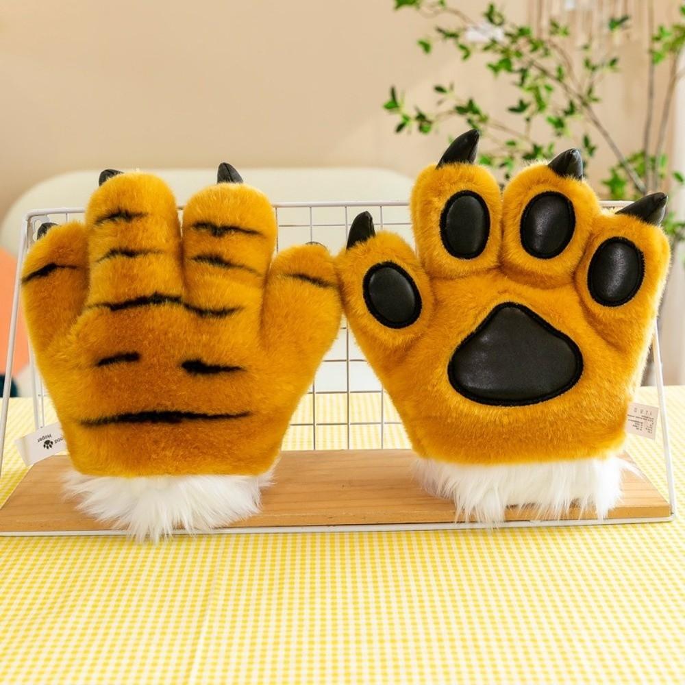 Fluffy Texture Plush Gloves Striped Design Costume Mittens Cosplay Costume Accessories