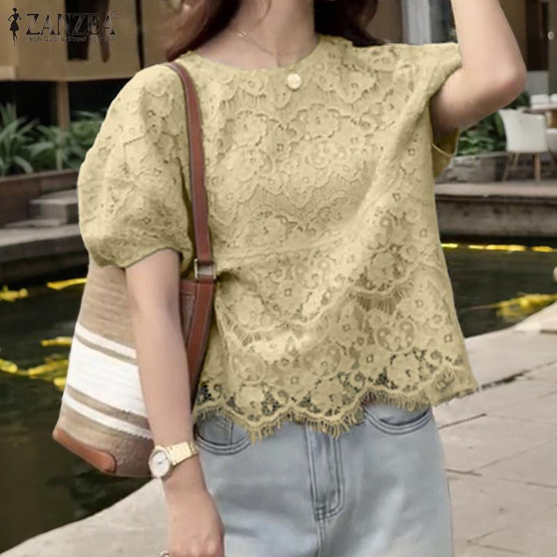 

ZANZEA Women Casual Round Neck Short Sleeve Summer Lace Blouse S светло-зеленый