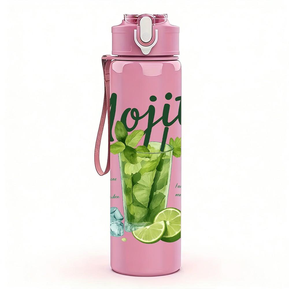 1PC Mojito Cocktail Letter Art 750ml Color Plastic Sports Water Bottle Leakproof Flip Straw Lid Suitable for Sports Office Home Use