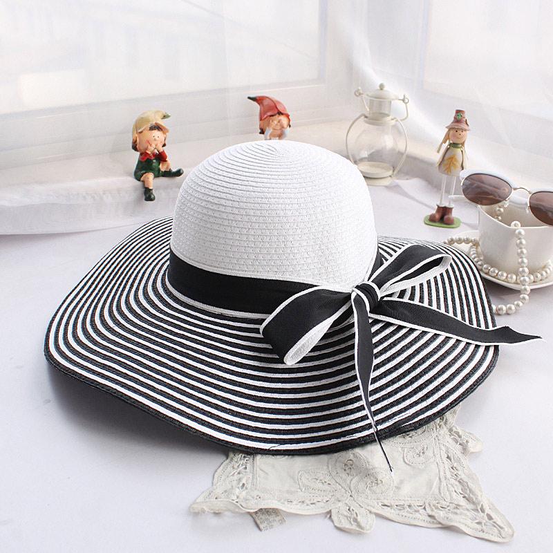 Women Straw Sun Hat Wide Brim Stripes 