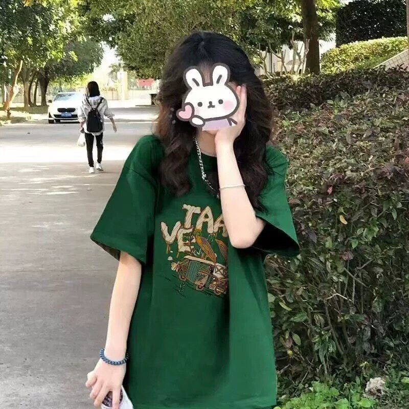Purple Dopamine Cartoon Print Short-Sleeved T-Shirt 150kg Plus Size Women's Clothing 2026 Summer 100kg Pure Cotton Top