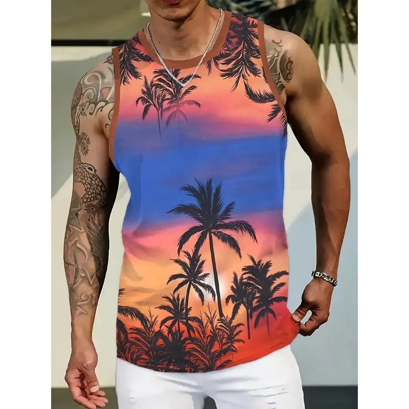 Men's Summer Tropical Sunset Print Tank Top Casual Sleeveless Hawaii Beach Tshirt For Men New In Full Print T Shirts Streetwear