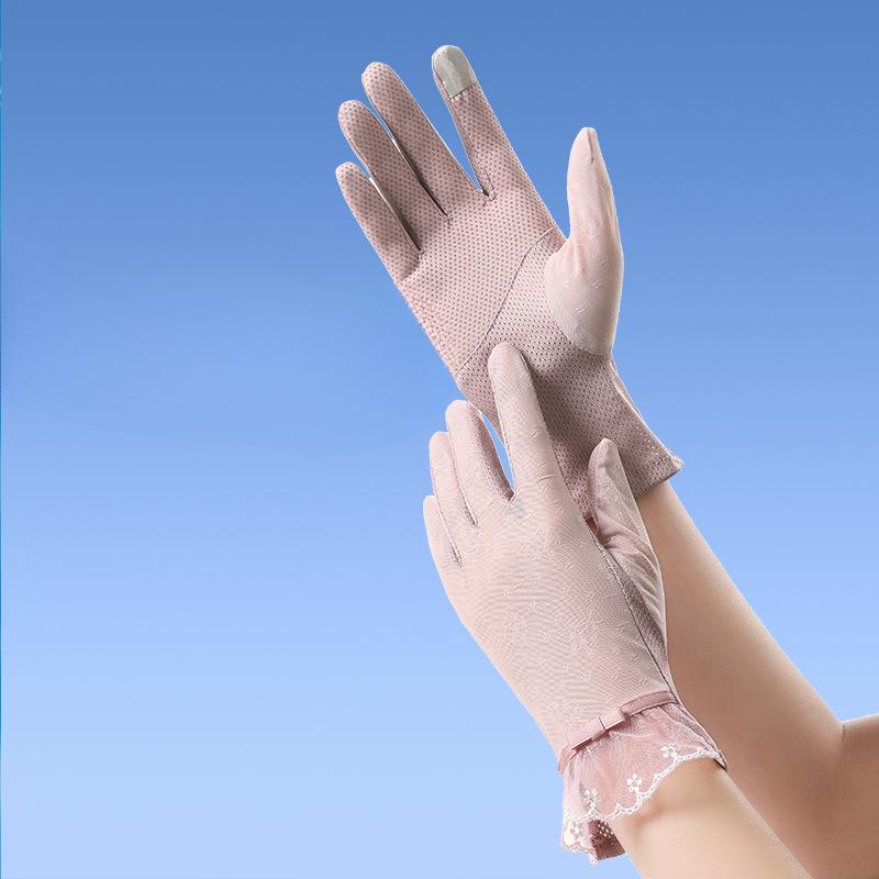 Sunscreen Gloves for Summer Women's Lace Thin UV Proof Outdoor Riding and Driving Non Slip Breathable Ice Silk Touch Screen