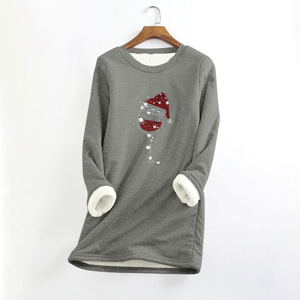 Top longo feminino com decote redondo e manga comprida, estampa de natal, grosso, pelúcia, cashmere, quente