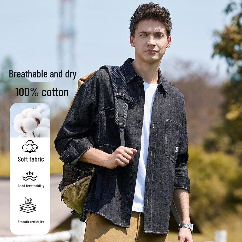 JEEP Men s 100% Cotton Long-Sleeve Lapel Shirt L