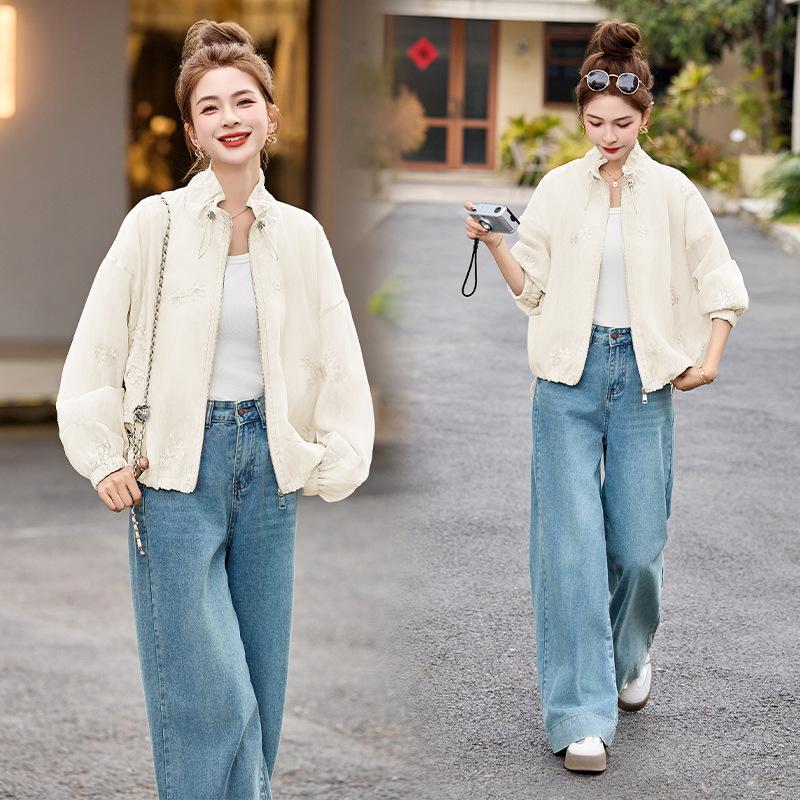 

Женская куртка с вышивкой, крючком и кружевом на весну 2025 года, с воротником-стойкой, для защиты от солнца, стиль CY8123 M 85-105 lbs слоновая кость