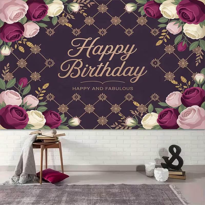 2D Lila Blumige Geburtstagskulisse, Happy Birthday Rosen-Party Hintergrundtuch