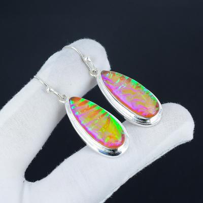 Piękny Różowy Opal Potrójny Ognisty Kamień Szlachetny Srebro Próby 925 Kolczyk, Ręcznie Robiona Biżuteria Srebrna Boho Wiszące Kolczyki, Prezent Zaręczynowy