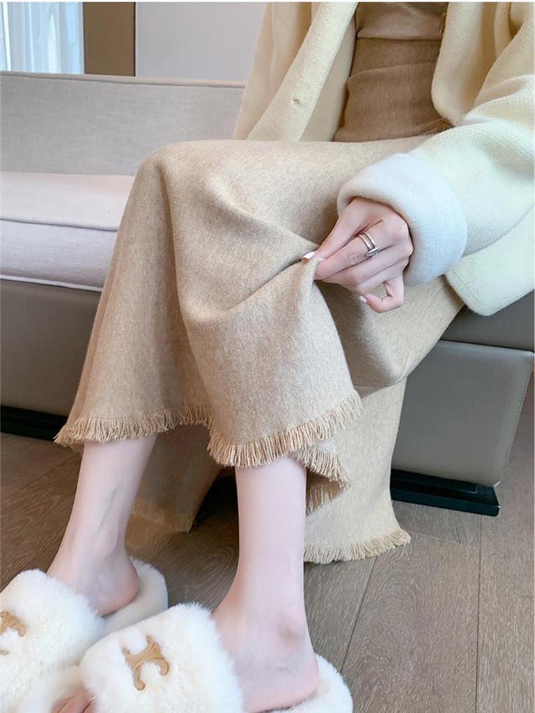 KANING Damen Quasten Wollstrick High Waist Midi Rock - Schlankmachend Unifarben für Herbst/Winter