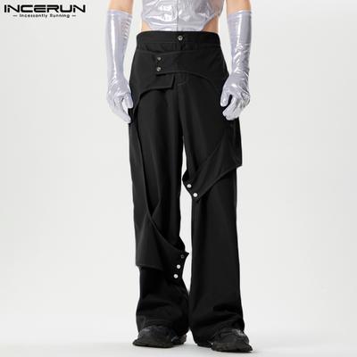Mens Zipper Button Waist Wrapped Straight Leg Long Pants Trousers