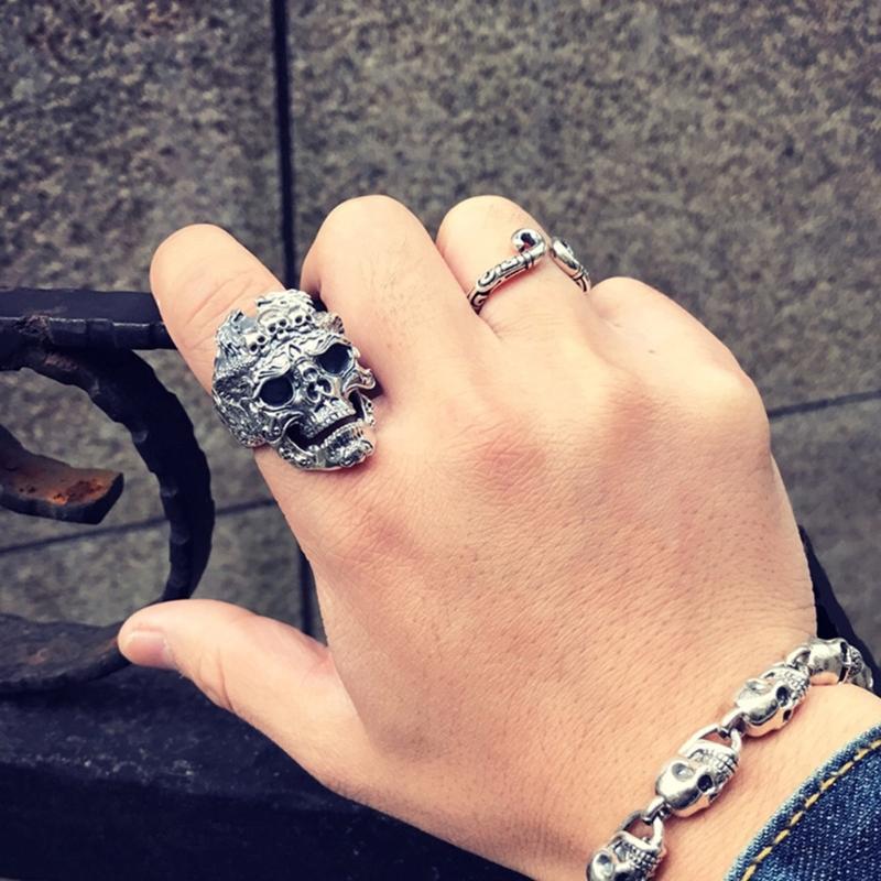 Retro Skull for Head Ring Exaggerated Mens Finger Rings Fashion Personality Joint Ring Hip Hop Ring Adjustable Open Size