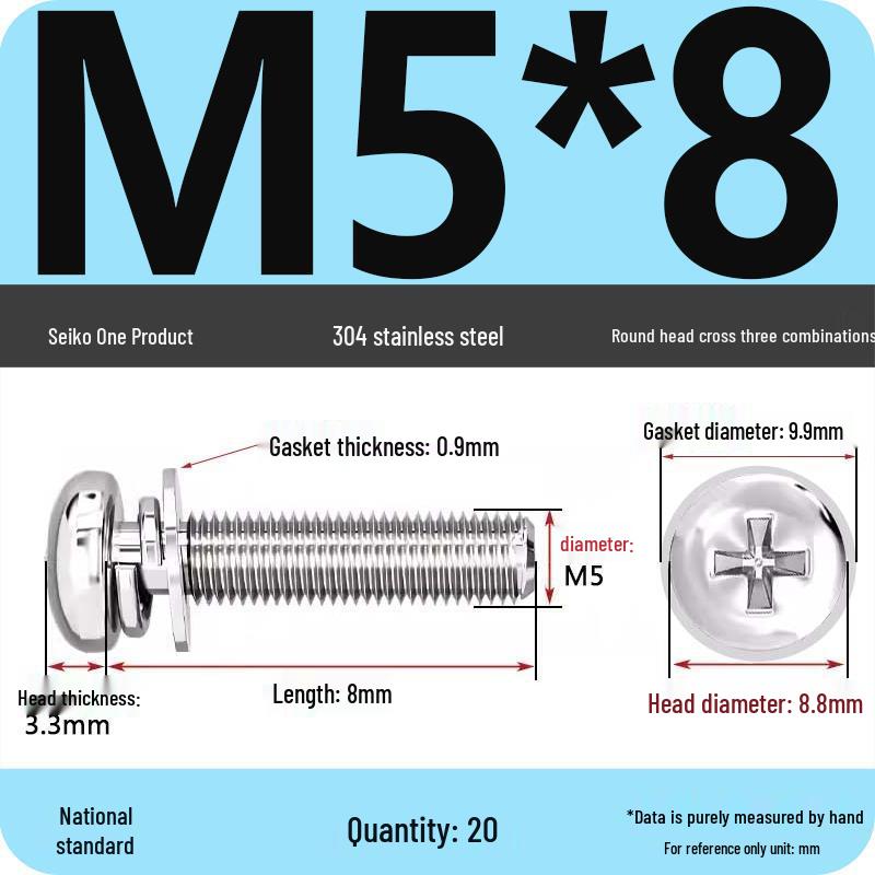 304 Stainless Steel Round Head Phillips Screw with Flat Washer (Sizes M3, M4, M5, M6)