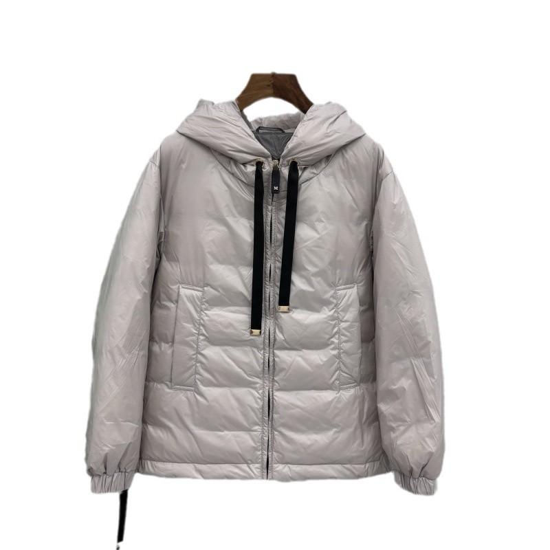 Autumn and Winter Europe Station Winter Clothing Hooded White Duck Down Wide Plaid Ribbon Drawstring Hat Down Jacket Women's Jacket