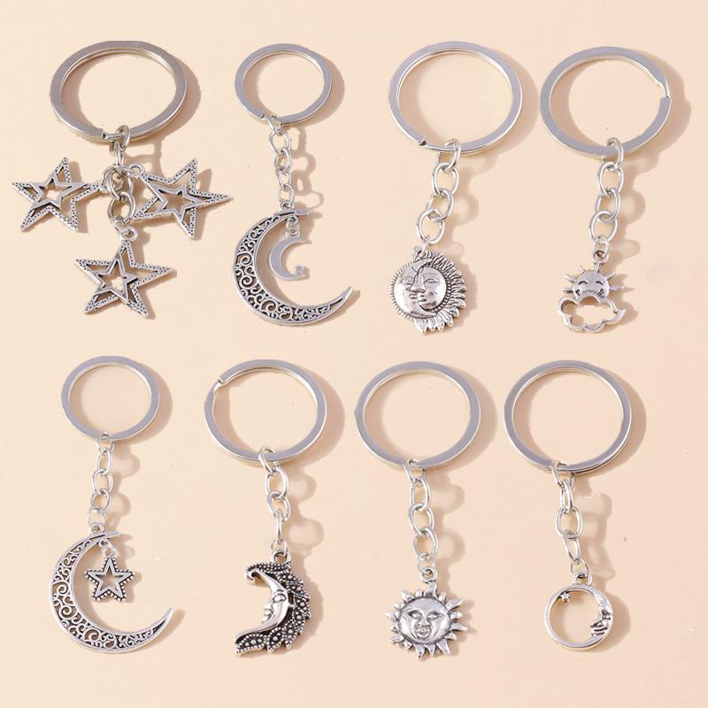 Retro Alloy Sun Moon Keychain Metal Star Keyring Pendants for Car Key Holder Handbag Decor Jewelry Gifts Accessories