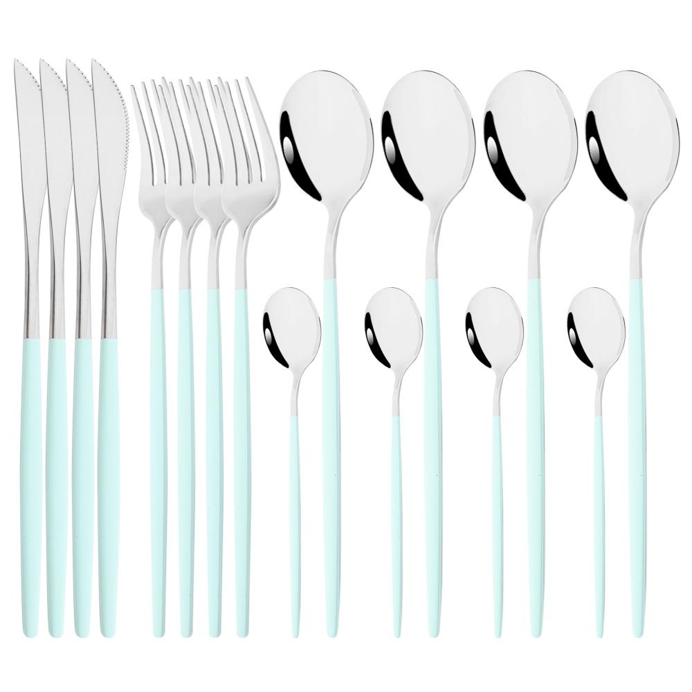 16Pcs Dinnerware Knife Fork Coffee Spoon Cutlery Set  Flatware Stainless Mint Green Gold Steel Silverware Tableware Set