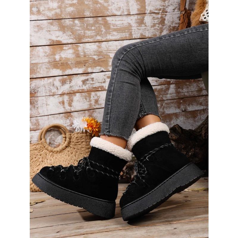 Women's Plus Size Lace Up Platform Snow Boots Winter New Short Ankle Warm Fleece Lined Cotton Boots
