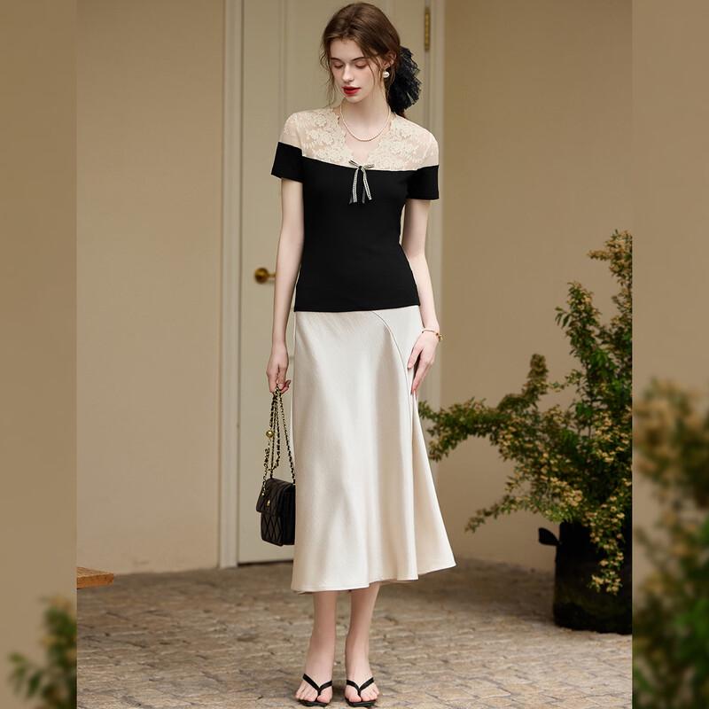 Bailuyu Women's Elegant V-Neck Lace T-Shirt with Bow Detail