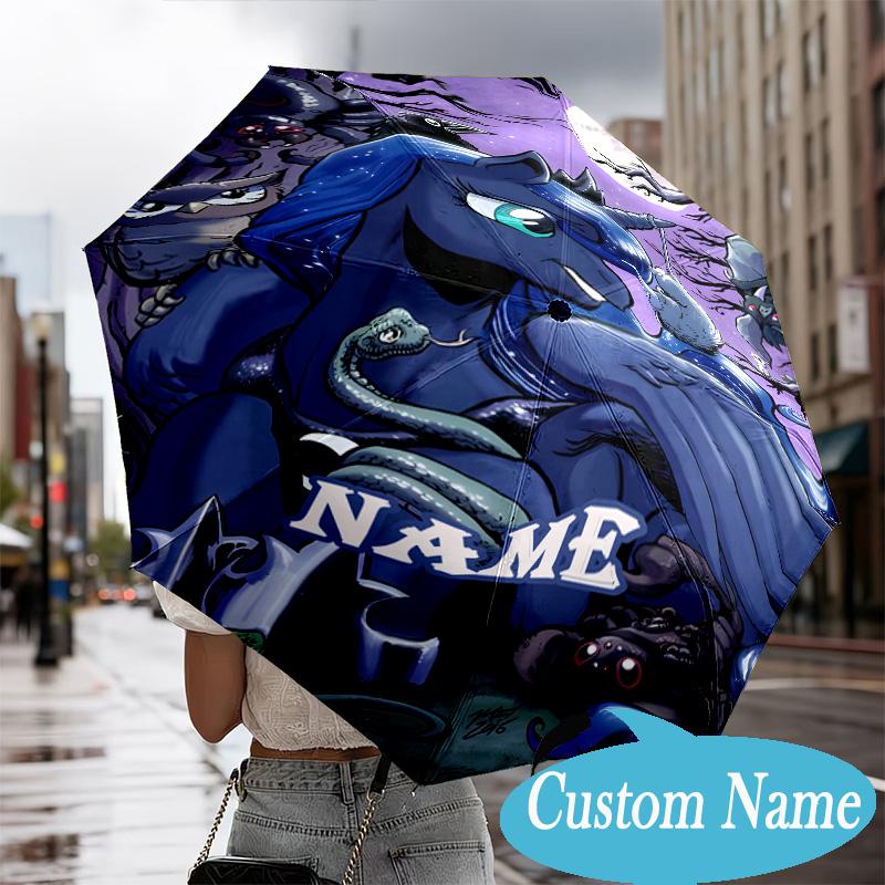 Custom Name Rainbow Pony Umbrella, 8-Rib Folding Umbrella, Lightweight Portable Design for Lovers, Friends, Perfect Gift for Birthdays