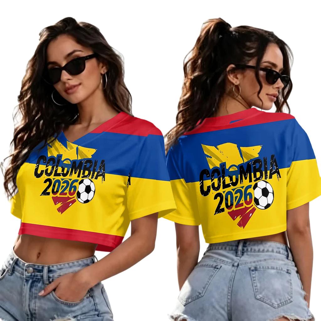 Women Casual Fashion Crop Top V Neck Short Sleeve T Shirt Soccer Flag Print Loose Fit Summer Tee