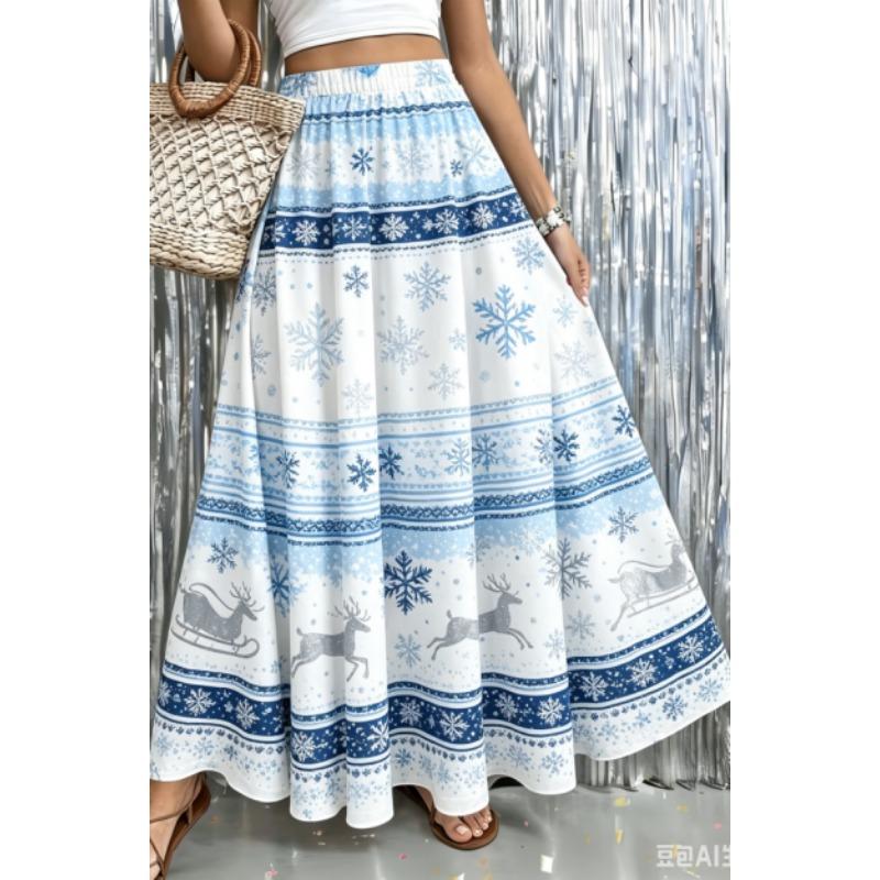 Tištěný design Červený a bílý drobný květinový potisk Celoroční dámská maxi sukně, Boho elastický pas Splývavá poloviční sukně