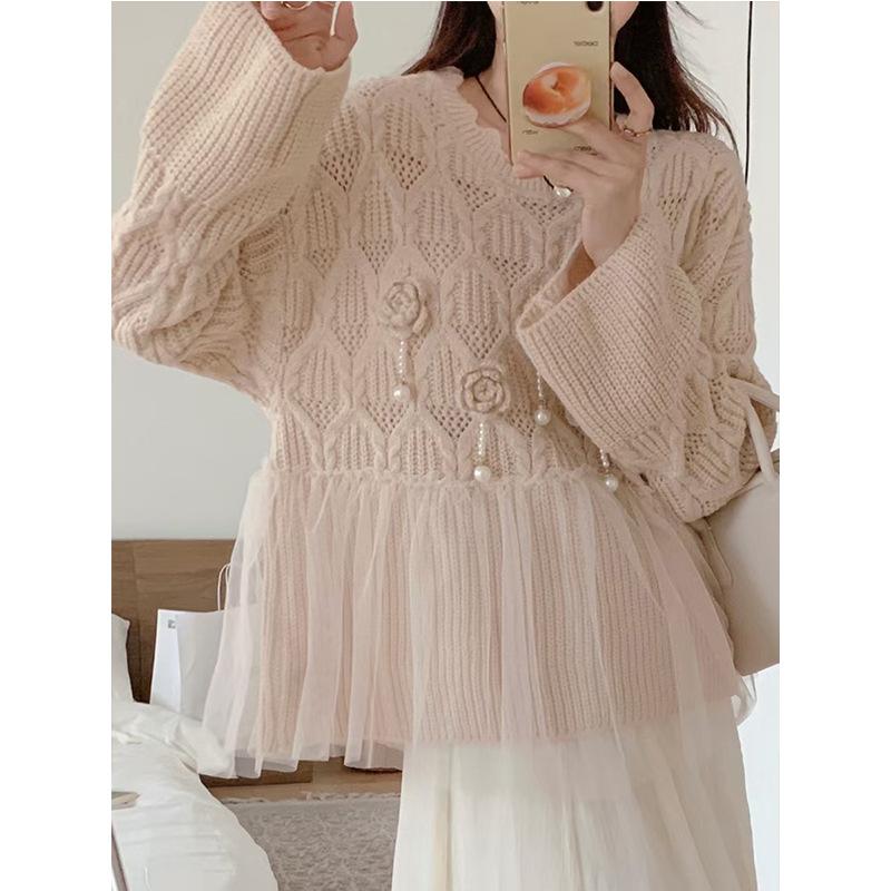 

Осень и зима новый трехмерный цветочный пэчворк сетчатый свитер пуловер дизайн милый свободный вязаный топ женский One size