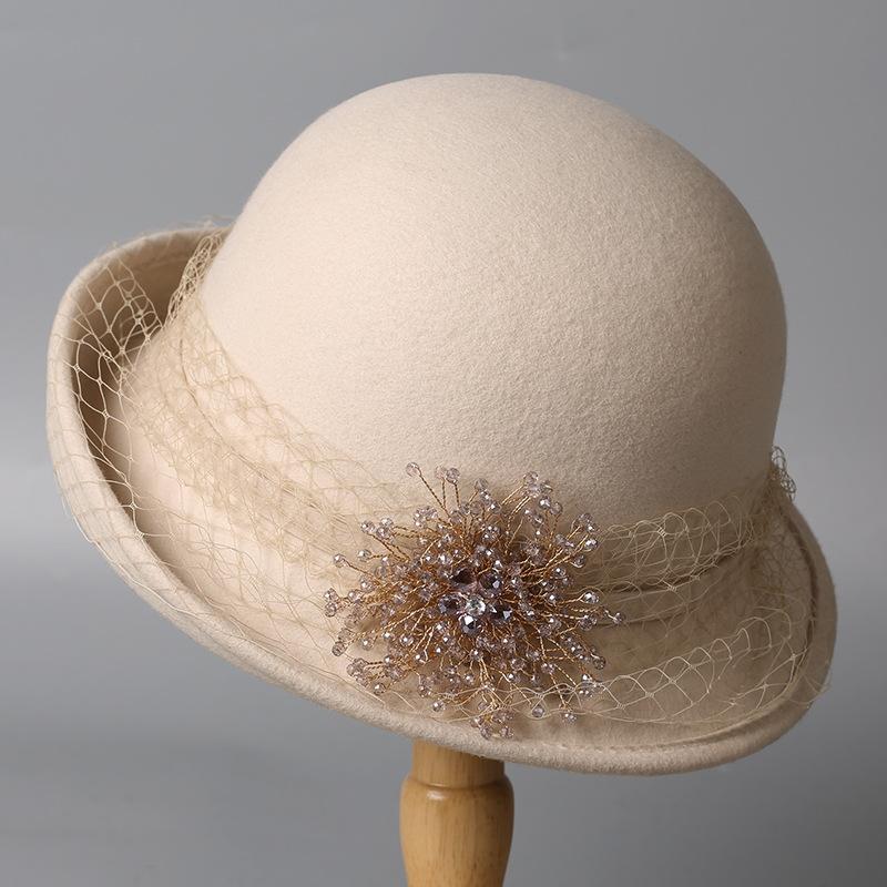 Autumn and Winter Wool Bucket Hat Women's Autumn and Winter Pearl Pot Hat Elegant Bow Temperament Versatile Felt Hat