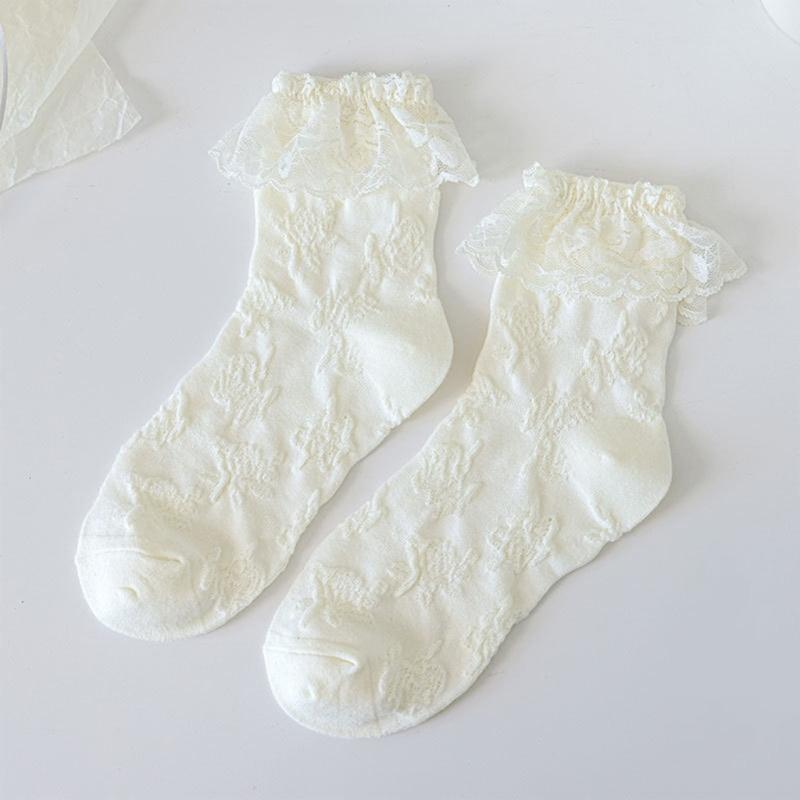 JK Girl Ruffle Lace Trim Cotton Ankle Socks Jacquard Knit Frilly Socks for Women