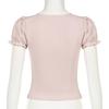 French Romantic Pleated Lace U-Neck Puff Sleeve Slim Fit Casual Top