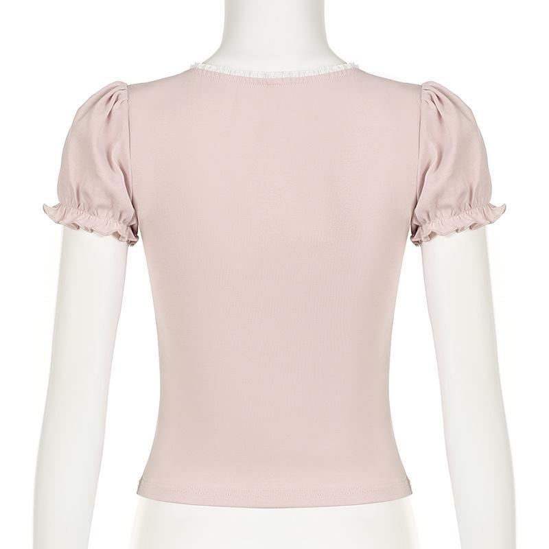 French Romantic Pleated Lace U-Neck Puff Sleeve Slim Fit Casual Top