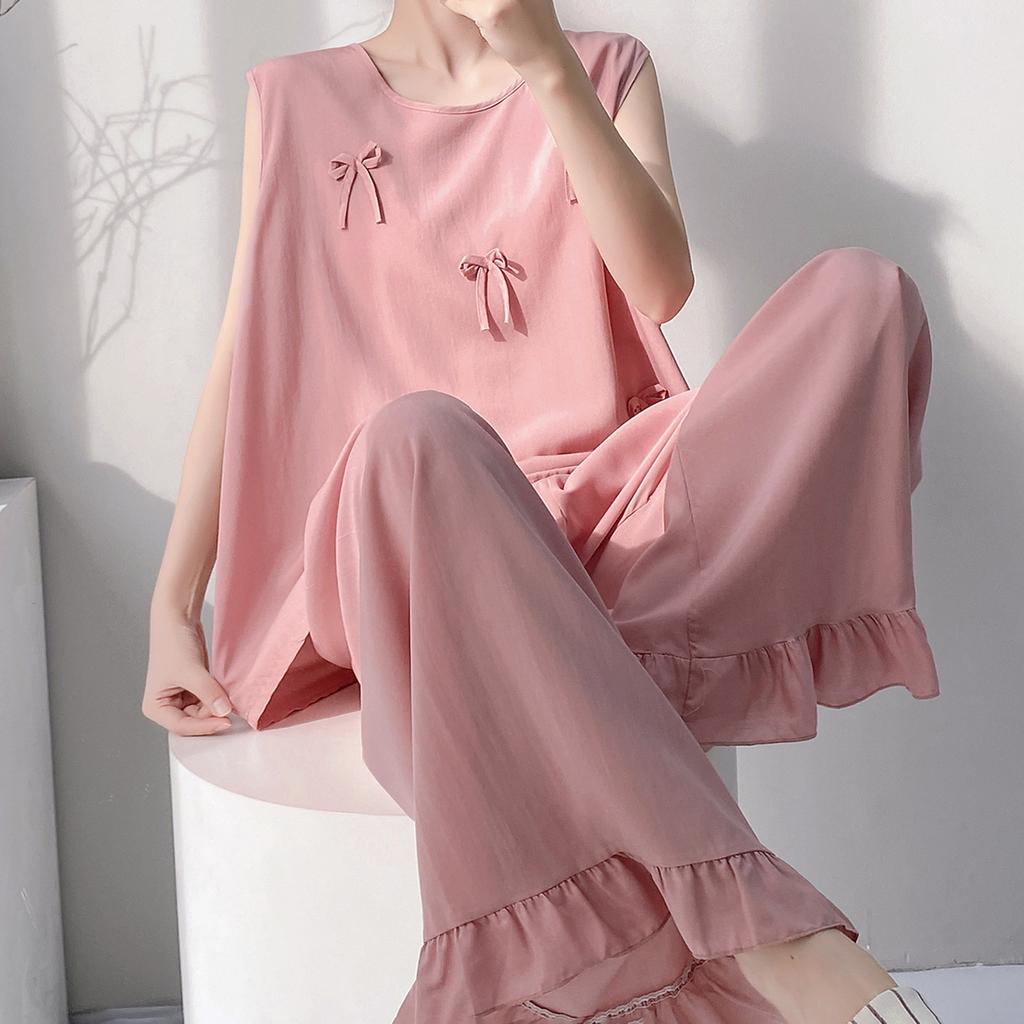 1011 new pajamas with chest pads women's summer sleeveless printing high-end loungewear anti-bumping cotton and silk suit thin