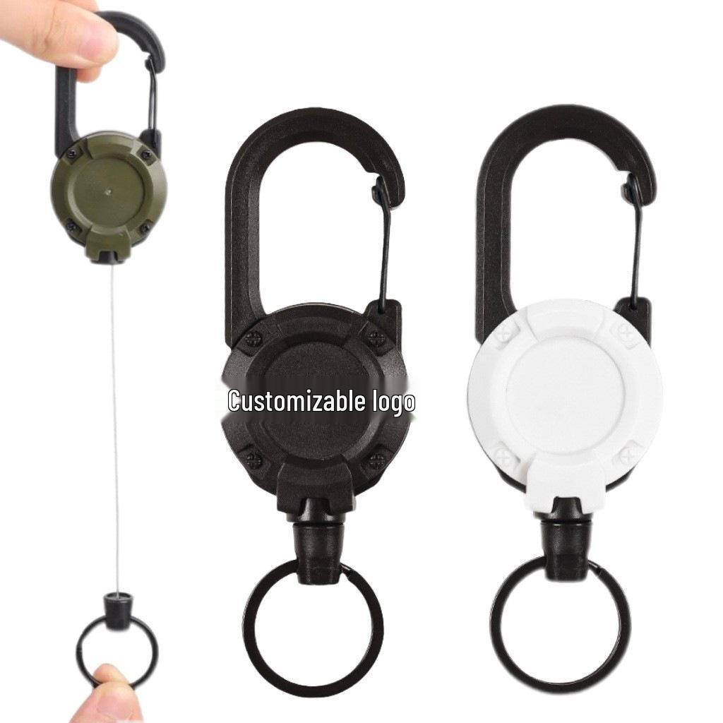 Behúzható acélhuzalos kulcstartó rugalmas zsinórral és elvesztés elleni csattal