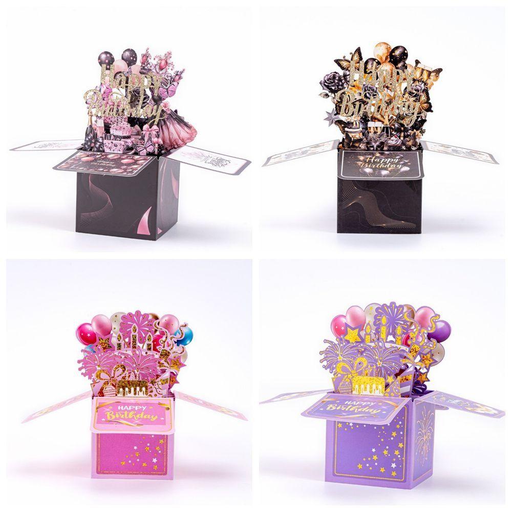 Cartoon Butterfly 3D Birthday Card Balloon Cake Design Best Wishes Pop-Up Greeting Cards Flowers Theme With Envelope