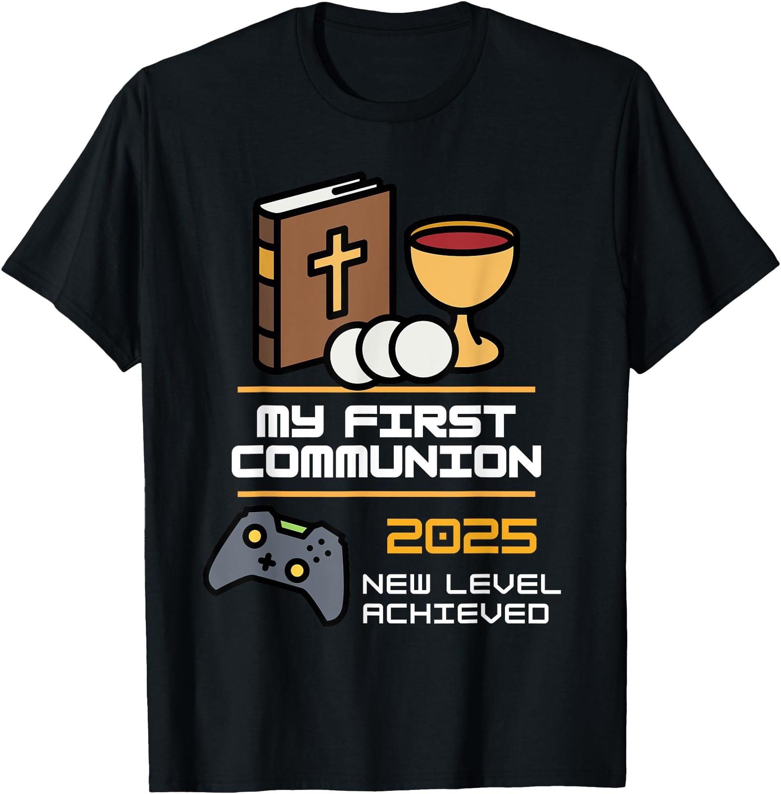 My 1st First Communion 2025 Boys Girls Controller Video Game T-Shirt Mens Womens Tees Top 4XL