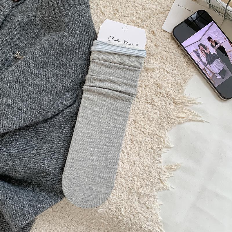 Women's Japanese Style Ribbed Stripe Mid-Calf Socks - Grey Patchwork Fake Two-Piece for Spring/Autumn Versatile Girly Fashion