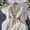 Women's Elegant Embroidered Beaded Lace V-Neck Shirt & Pleated Long Skirt Set