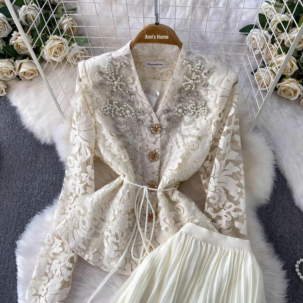 Women's Elegant Embroidered Beaded Lace V-Neck Shirt & Pleated Long Skirt Set